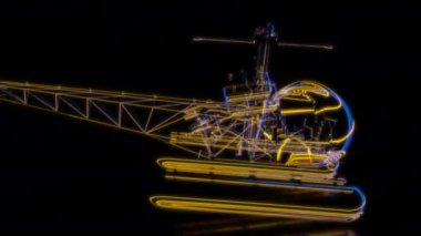 Siyah arka planda gelecekteki animasyonların özel efektleri. Fütürist teknoloji konsepti, 3D tek motorlu hafif helikopter modeli, dijital teknolojiyi etkiler..