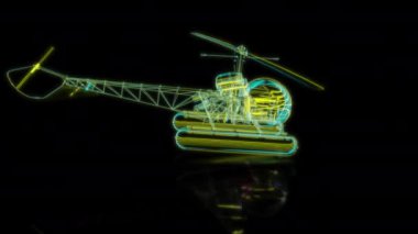 Siyah arka planda gelecekteki animasyonların özel efektleri. Fütürist teknoloji konsepti, 3D tek motorlu hafif helikopter modeli, dijital teknolojiyi etkiler..