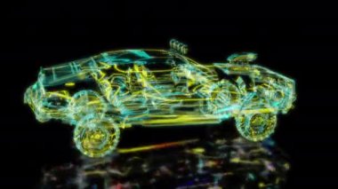 Siyah arka planda gelecekteki animasyonların özel efektleri. Fütüristik teknoloji konsepti, 3D Offroad arabası hareket halinde Model, dijital teknolojiyi etkiler.