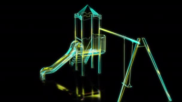 特別効果 ブラックバック上の将来のアニメーション 未来的な技術の概念 振動モデルが付いている3D運動場タワー 効果デジタル技術 — ストック動画