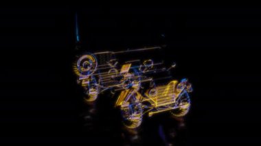 Siyah arka planda gelecekteki animasyonların özel efektleri. Fütüristik teknoloji konsepti, 3D Truck Light Utility Araç Modeli, dijital teknolojiyi etkiler.