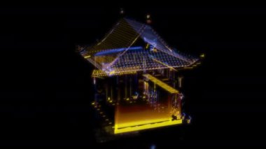 Siyah arka planda gelecekteki animasyonların özel efektleri. Gelecekçi teknoloji konsepti, 3D Çin Eski Otel Modeli, dijital teknolojiyi etkiler.