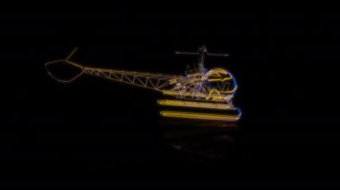 Siyah arka planda gelecekteki animasyonların özel efektleri. Fütürist teknoloji konsepti, 3D tek motorlu hafif helikopter modeli, dijital teknolojiyi etkiler..