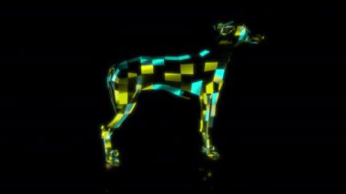 Siyah arka planda gelecekteki animasyonların özel efektleri. Gelecekçi teknoloji konsepti, 3D Low Poly Greyhound Dog Model, dijital teknolojiyi etkiler.
