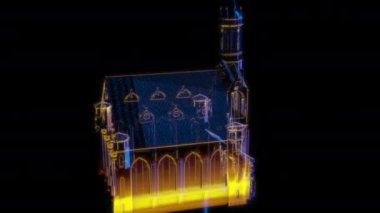 Siyah arka planda gelecekteki animasyonların özel efektleri. Fütürist teknoloji konsepti, 3D Ortaçağ kilise modeli, dijital teknolojiyi etkiler.