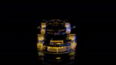 Siyah arka planda gelecekteki animasyonların özel efektleri. Fütüristik teknoloji konsepti, 3D araba modeli, dijital teknolojiyi etkiler.