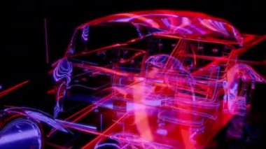 Siyah arka planda gelecekteki animasyonların özel efektleri. Fütüristik teknoloji konsepti, 3D araba modeli, dijital teknolojiyi etkiler.