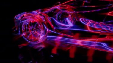 Siyah arka planda gelecekteki animasyonların özel efektleri. Fütüristik teknoloji konsepti, 3D araba modeli, dijital teknolojiyi etkiler.