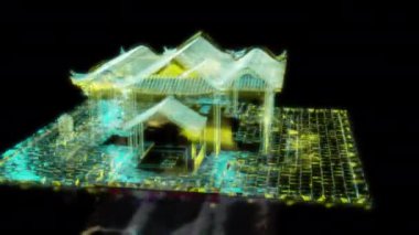 Siyah arka planda gelecekteki animasyonların özel efektleri. Gelecekçi teknoloji konsepti, 3D Çin İnşaat Kaya Evi Modeli, dijital teknolojiyi etkiler.