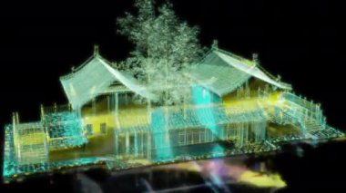 Siyah arka planda gelecekteki animasyonların özel efektleri. Gelecekçi teknoloji konsepti, 3D Çin İnşaat Kaya Evi Modeli, dijital teknolojiyi etkiler.