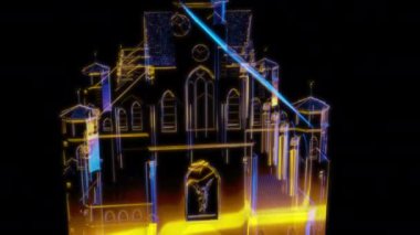 Siyah arka planda gelecekteki animasyonların özel efektleri. Fütürist teknoloji konsepti, 3D Ortaçağ kilise modeli, dijital teknolojiyi etkiler.