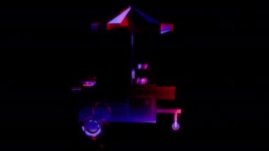 Siyah arka planda gelecekteki animasyonların özel efektleri. Fütüristik teknoloji konsepti, 3D Hot Dog Cart Model, dijital teknolojiyi etkiler.