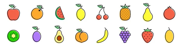 Συλλογή Από Πολύχρωμα Φρούτα Vegan Εικονίδια Πεπόνι Φράουλα Ακτινίδιο Ανανά — Διανυσματικό Αρχείο