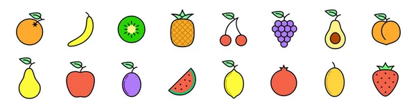 Renkli Meyve Ikonları Portakal Muz Kivi Ananas Kiraz Üzüm Elma — Stok Vektör