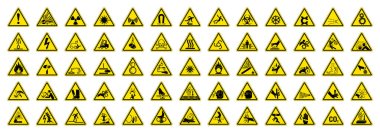 Sarı yuvarlak üçgen uyarı levhasında 65 izole tehlikeli sembolden oluşan büyük bir set.