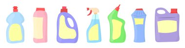 En popüler Deterjan şişeleri ev yapımı kimyasallar. Çeşitli şekillerde renkli şişeler..