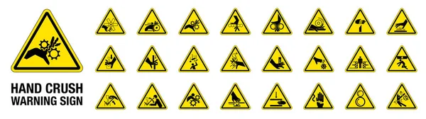 黄圆三角形告示牌上24个孤立的手压实力危险符号 — 图库矢量图片