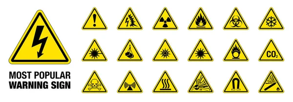 Conjunto Símbolos Perigosos Isolados Mais Populares Sinal Aviso Placa Triangular — Vetor de Stock