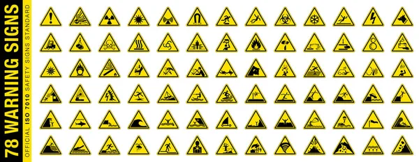 Serie Completa Simboli Pericolosi Isolati Sul Cartello Avvertimento Giallo Rotondo — Vettoriale Stock