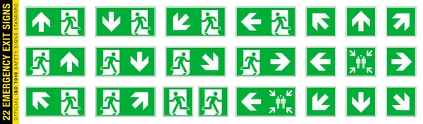 全套22个孤立的紧急出口符号在绿色矩形板上 Iso 7010官方安全标志标准 — 图库矢量图片
