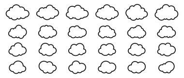 Basit siyah çizgi bulut simgeleri, web ve uygulama arayüzü tasarımı için uygun çeşitli bulut şekilleri sunar.