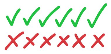 A collection of simple green checkmarks and red crosses, symbols commonly used for indicating correct and incorrect answers or choices. clipart