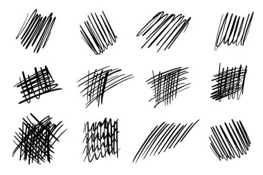Collection of black hand-drawn scribble textures on a white background, depicting creative chaos or brainstorming. clipart