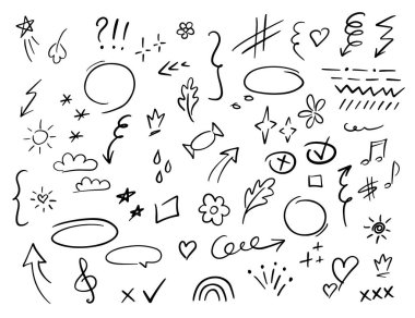 Oklar, kalpler, bulutlar ve çeşitli uygulamalar için soyut şekiller içeren siyah beyaz el karalama simgeleri koleksiyonu.