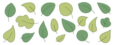 Beyaz arka planda farklı şekil ve boyutlarda basit yeşil yaprak çizimleri koleksiyonu.