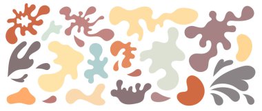 Çeşitli rengarenk organik şekil ve formlara sahip soyut tasarım, beyaz arka planda oyuncu ve sanatsal bir model oluşturur..