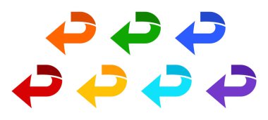 Beyaz bir arkaplan üzerinde farklı yönleri gösteren yedi renkli ok sembolü seti, yön ve navigasyonu temsil eder.