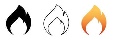 Farklı stillerde üç alev ikonu sergilenir: katı siyah, çizgili ve eğimli turuncu, ateş ve ısıyı temsil eder..