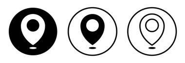 Katı ve ana hatları çizilmiş tasarımlar, haritalama ve gezinme amaçları da dahil olmak üzere farklı biçimlere sahip dairesel konum pin simgeleri seti.