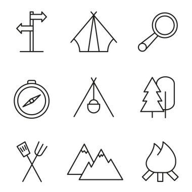 Kamp, kamp, kamp ateşi, pusula ve dağ gibi doğa aktivitelerini temsil eden dokuz minimalist sanat simgesi koleksiyonu..