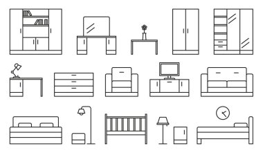 Yataklar, kanepeler ve gardırop da dahil olmak üzere çeşitli yatak odası ve oturma odası mobilyalarını temsil eden siyah beyaz taslak ikonlar..