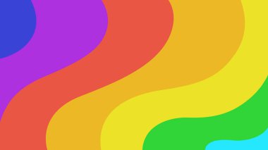 Mor, kırmızı, sarı, yeşil ve mavi gibi canlı renklerde dalgalı şekiller içeren parlak soyut arkaplan dinamik bir desen oluşturuyor..
