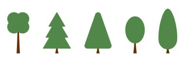 Her biri farklı şekillere ve yeşil yapraklara sahip, beyaz arkaplanda izole edilmiş beş basit geometrik ağaç simgesinden oluşan bir koleksiyon..