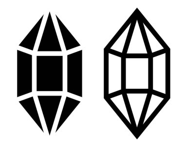 İki geometrik değerli taş ikonu, bir katı ve bir ana hatlı, kesikli uzun bir şekil, beyaz bir arkaplan üzerinde.