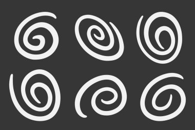 Koyu arkaplana karşı altı adet beyaz spiral simge, yaratıcı projeler için basit ve cesur el yapımı tasarımlar içeriyor..