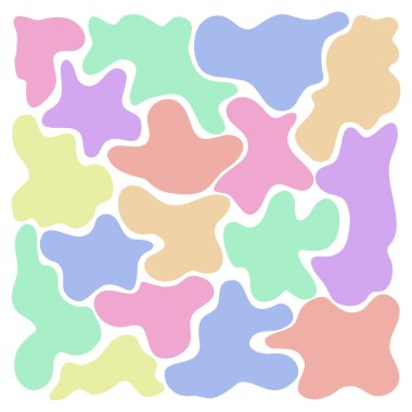 Düzensiz soyut damlacıkların canlı deseni pastel renklerde, oyuncu ve modern bir sanat tasarımı yaratıyor..