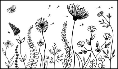 Yaban çiçekleri, yapraklar ve bir kelebeğin siyah ve beyaz çizimi doğal ve tuhaf bir çizgi çizimi yaratıyor..