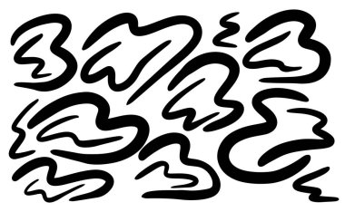 Çeşitli şekillerde soyut siyah fırça darbeleri, beyaz arka planda dinamik ve anlamlı bir tasarım yaratarak, sanatsal projeler ve arka planlar için ideal.