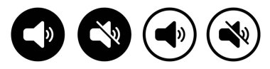 Bir grup hoparlör ve sessiz simge, siyah ve beyaz dairelerde gösteriliyor, statü göstergeleri içinde ve dışında sesleri temsil ediyorlar.
