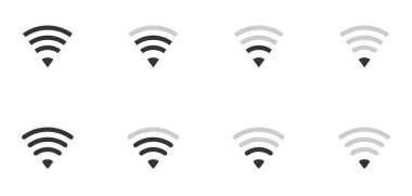 Gri tonda güçlü ile zayıf arasında değişen bağlantı gücünü gösteren Wi-Fi sinyal simgeleri kümesi.