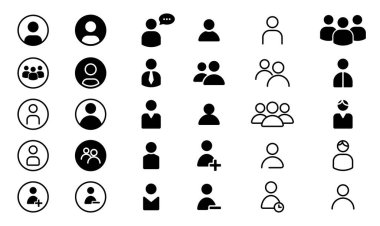 Çeşitli amaçlar için bireysel kullanıcılar, gruplar ve sosyal profilleri temsil eden bir dizi siyah ve beyaz ana hatlı simge.