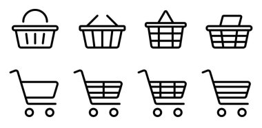 Farklı stillerde alışveriş arabası ve sepet ikonları koleksiyonu, perakende, e-ticaret ve çevrimiçi alışveriş ihtiyaçları için mükemmel..