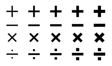 Artı, eksi ve çarpma işaretlerini içeren bir dizi matematiksel sembol. Semboller birbiri ile örtüşen sembollerle bir ızgaraya dizilmiş. Sahne düzen ve organizasyondur.