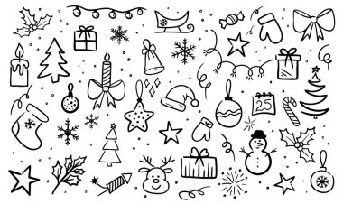 Hediyeler, kar taneleri, süsler ve siyah-beyaz bir bayram süslemelerinin yer aldığı el yapımı Noel karalama ikonları..