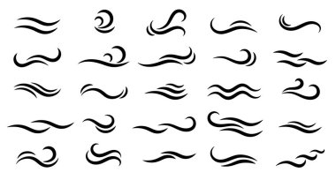 Beyaz bir zemin üzerinde soyut siyah dalga ve rüzgar sembolleri, grafik tasarım ve dekorasyon projelerinde kullanmak için mükemmel.