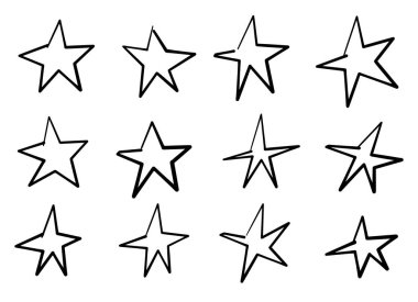 Düzensiz şekillerle özetlenmiş, beyaz arka planda oyuncu ve sanatsal bir tasarım oluşturan, çeşitli yönlerden on iki siyah el çizimi yıldız..